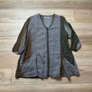 Flax Gray Brown Gradient Oversized Linen Lagenlook Button Up Top Size Medium
